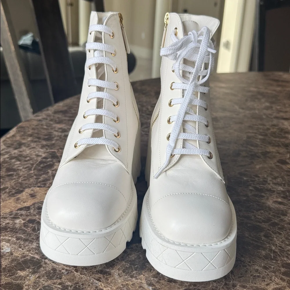 Chanel 24c white lambskin quilted wedge combat boot bootie sz 39